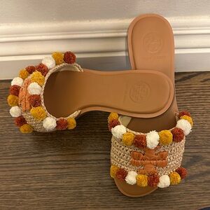 Tory Burch Women's Sandals with Pom-Poms - Brown and Cream